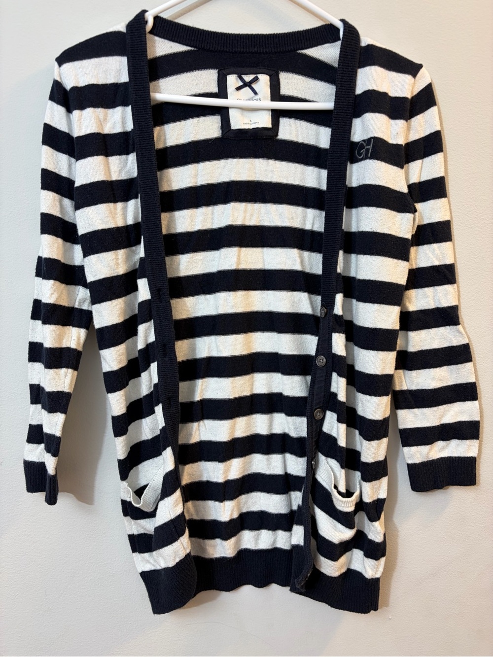 Gilly Hicks Womens Small Striped V Neck Button Front Cardigan Sweater Navy Blue